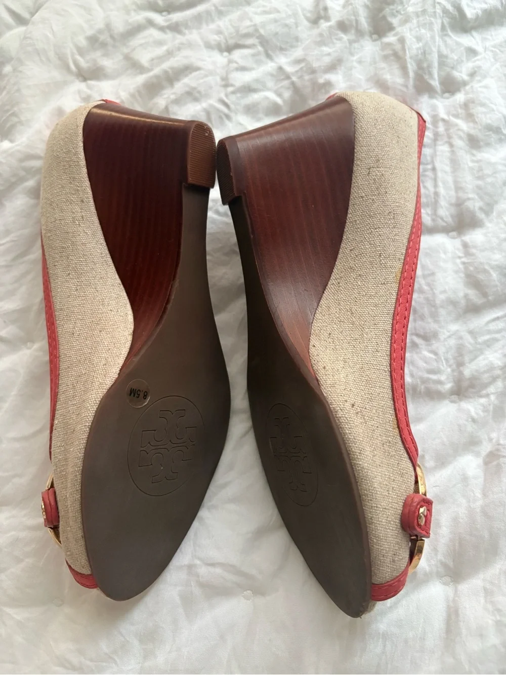 Tory Burch Beige Canvas Heels with Coral Trim & Gold Logo